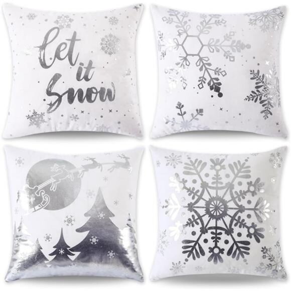 Set of 4, Christmas Decorations Silver and White Christmas Pillow Covers 18x18" - Picture 3 of 9